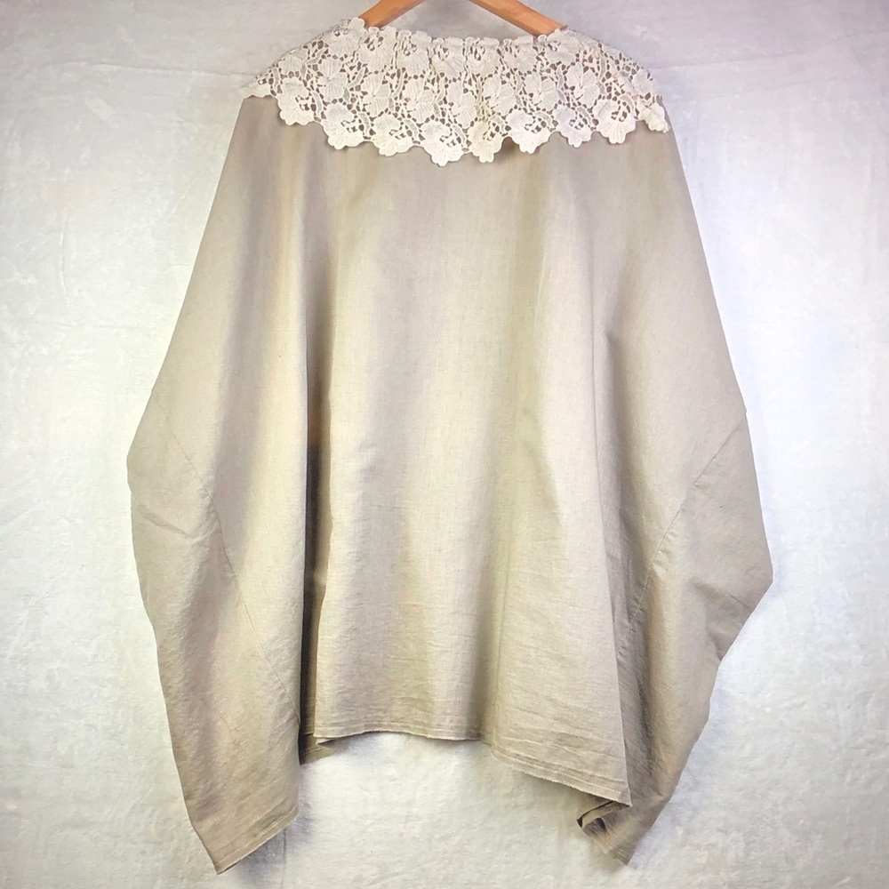 Jaded Gypsy Taupe Button-Front Blouse with Cream Crochet Collar - Picture 2 of 5